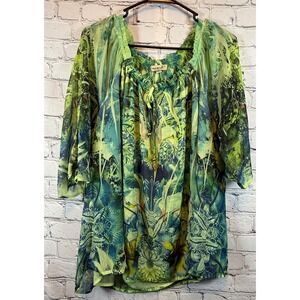 One World Live Outlet Live Green Blue Floral Sheer Blouse‎ Top 1X